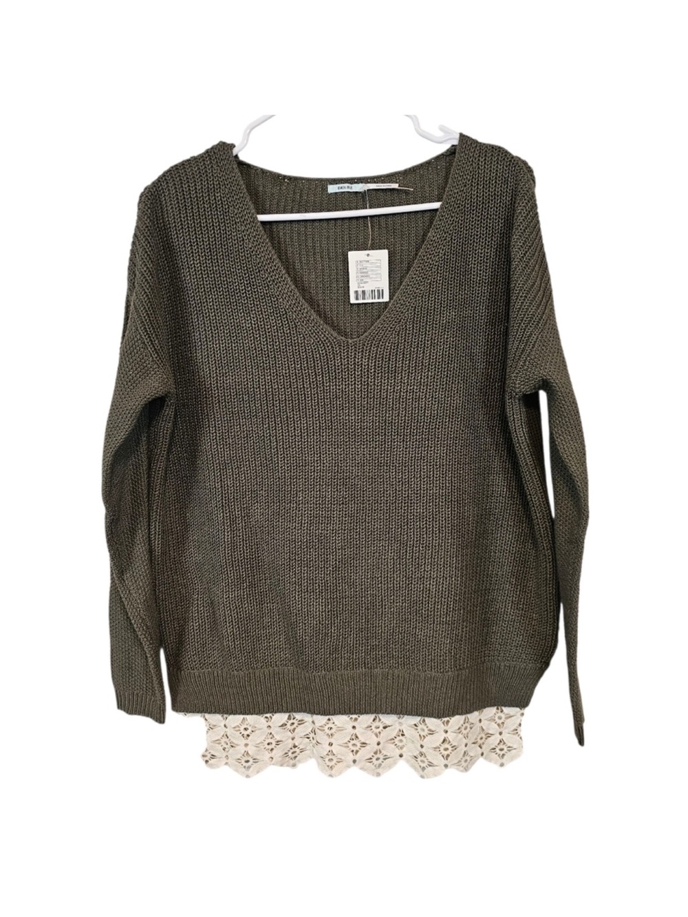 Kimchi Blue Vneck Olive Green Lace Hem Knit Oversized Sweater extra small